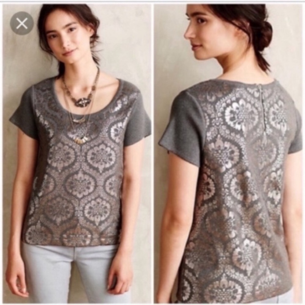 Anthropologie Moth Small Grey Printed Drawing Room‎ Pullover Short Sleeve